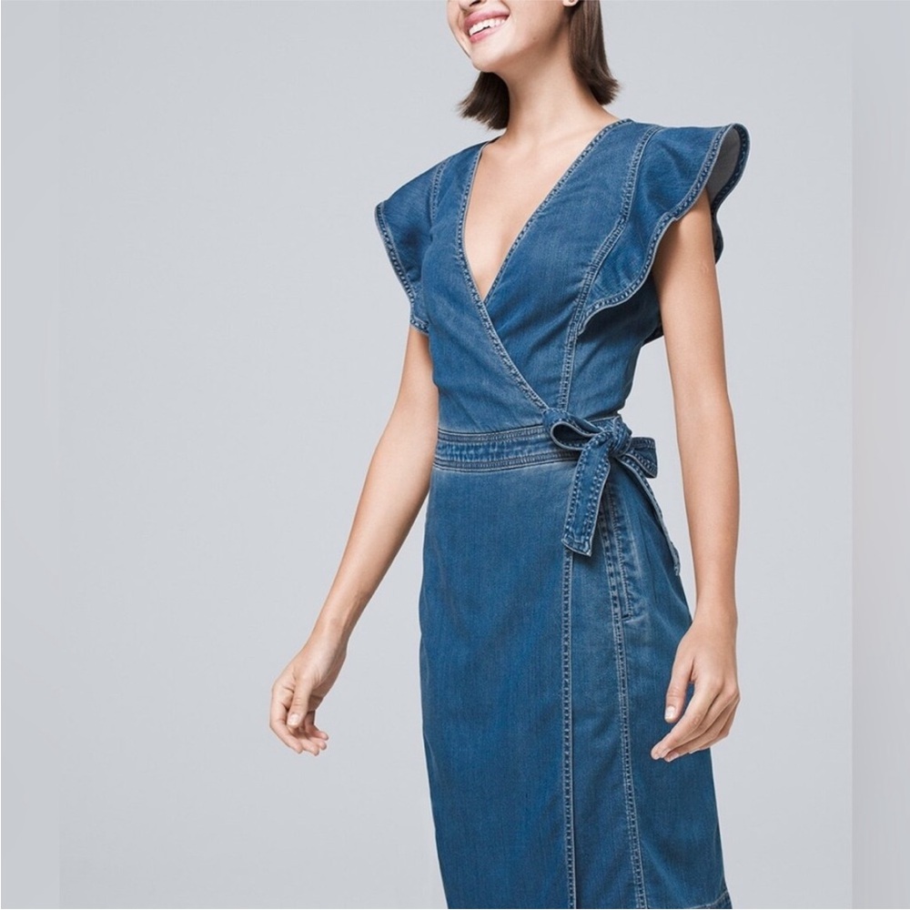 White House Black Market Denim Wrap Dress with Ruffle Sleeves - Size 12